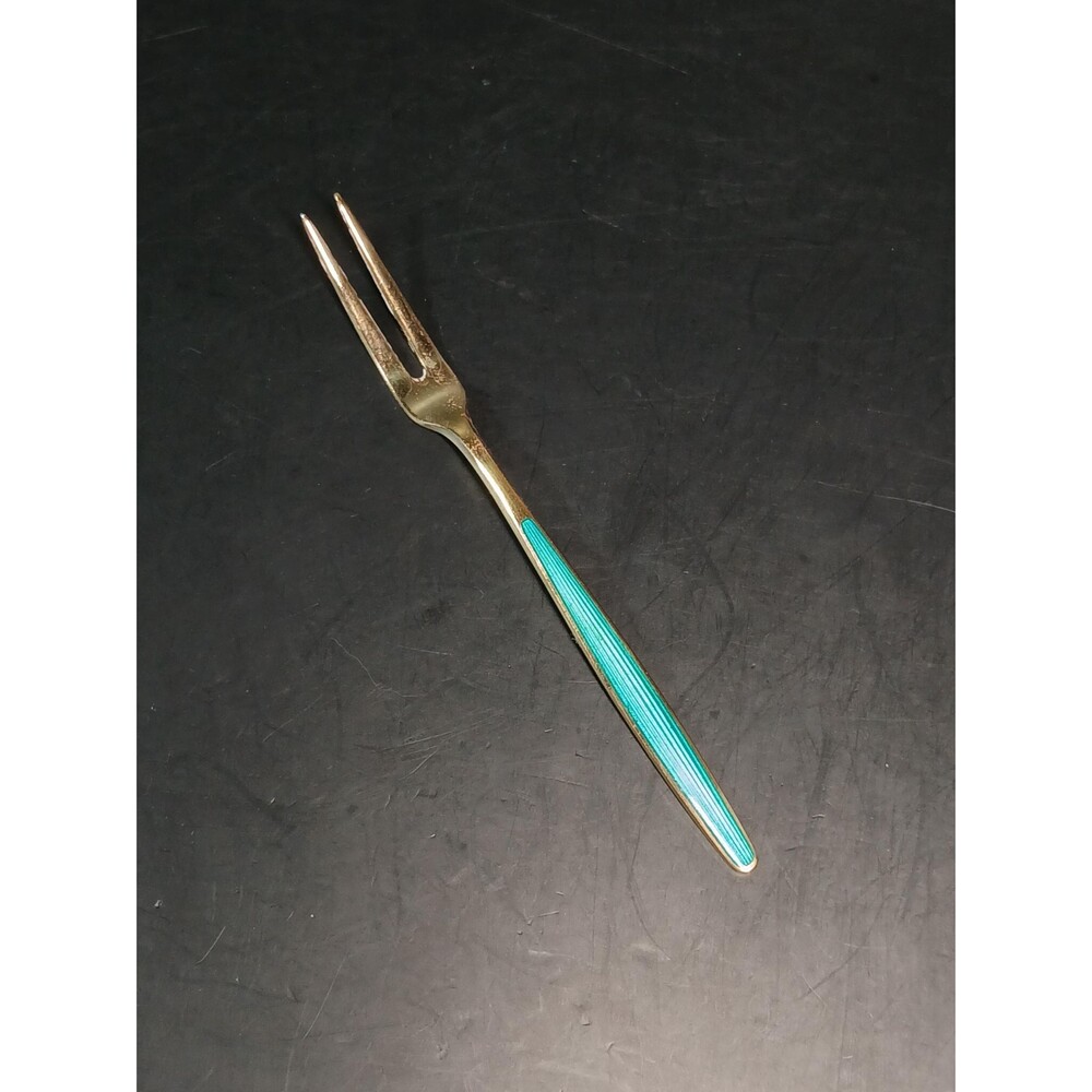 David Andersen Norway Sterling Silver Teal Enamel Gold Wash Fork 4.25”
